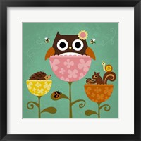 Framed Owl, Squirrel and Hedgehog in Flowers