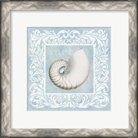 Framed 'Sandy Shells Blue on Blue Nautilus' border=