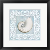 Framed 'Sandy Shells Blue on Blue Nautilus' border=