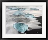 Framed Icebergs On Black Volcanic Beach Near The Jokulsarlon Glacial Lagoon In The Vatnajokull National Park, Iceland