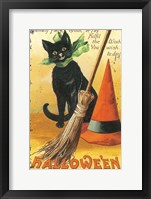 Framed Halloween Nostalgia Cat with Broom