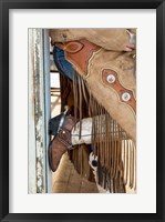 Framed Cowgirl Standing In Doorway Of Old Log Cabin