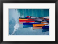 Framed Colorful Rowboats Moored In Calm Lake, Alberta, Canada