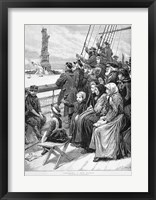 Framed Group Of Arriving Immigrants Huddled On Ship Deck Waving At Statue Of Liberty