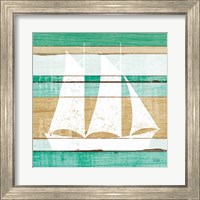 Framed 'Beachscape V Boat Green' border=