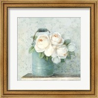 Framed 'June Roses I White Blue Crop' border=