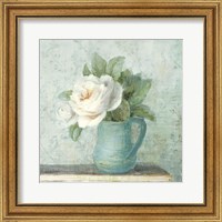 Framed 'June Roses II White Blue Crop' border=