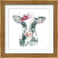 Framed 'Floral Cow Pink Sq' border=