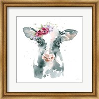 Framed 'Floral Cow Pink Sq' border=