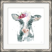 Framed 'Floral Cow Pink Sq' border=