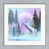 Framed Unicorn Rearing Up in a Mythical Forest