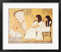 Framed deceased and his wife listening to a blind harpist