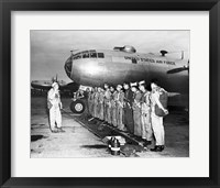 Framed Group of army soldiers standing in a row near a fighter plane, B-29 Superfortress