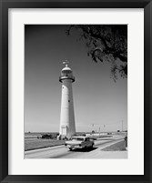 Framed USA, Mississippi, Biloxi, Biloxi Lighthouse with street in the foreground