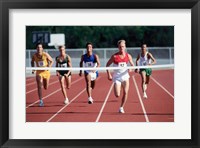 Framed Male athletes running on a running track