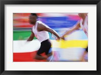 Framed Side profile of two young men passing a relay baton