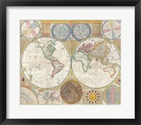 Framed 1794 Samuel Dunn Wall Map of the World in Hemispheres