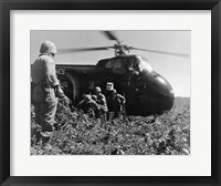 Framed Korea, US Marine Corps, soldiers exiting military helicopter