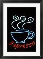 Framed Glowing Neon Sign of an Espresso Coffee Cup