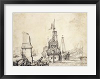 Framed Ship in a Port with a Ruined Obelisk