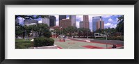 Framed Basketball court with skyscrapers in the background, Houston, Texas
