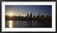 Framed Buildings along the waterfront at sunset, Willamette River, Portland, Oregon, USA