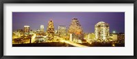 Framed Buildings lit up at dusk, Austin, Texas, USA