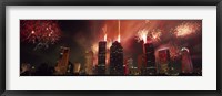 Framed Fireworks over buildings in a city, Houston, Texas