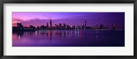 Framed Buildings at the waterfront lit up at dusk, Sears Tower, Hancock Building, Lake Michigan, Chicago, Cook County, Illinois, USA