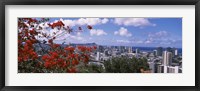 Framed Honolulu Skyline from a Distance (red flowers)