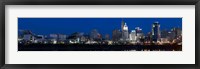 Framed Cincinnati skyline and John A. Roebling Suspension Bridge at twilight from across the Ohio River, Hamilton County, Ohio, USA