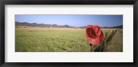 Framed USA, California, Red cowboy hat hanging on the fence