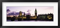 Framed Buildings lit up at dusk, Big Ben, Houses of Parliament, Thames River, City Of Westminster, London, England