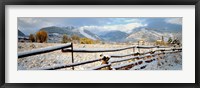 Framed Wooden fence covered with snow at the countryside, Colorado, USA