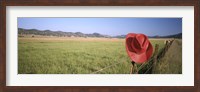 Framed USA, California, Red cowboy hat hanging on the fence