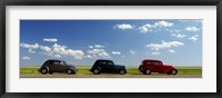 Framed Three Hot Rods moving on a highway, Route 66, USA