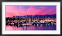 Framed Boats moored in harbor at sunset, Santa Barbara Harbor, Santa Barbara County, California, USA