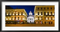 Framed Buildings in a city lit up at night, Nevskiy Prospekt, St. Petersburg, Russia