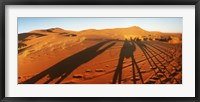 Framed Shadows of camel riders in the desert at sunset, Sahara Desert, Morocco