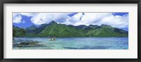 Framed Polynesian people rowing a yellow outrigger boat in the bay, Opunohu Bay, Moorea, Tahiti, French Polynesia