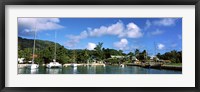 Framed Yachts and small fishing boats at the harbor on La Digue Island, Seychelles