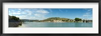 Framed Town at the waterfront, vineyards on the hill in background, Tain-l'Hermitage, Rhone River, Rhone-Alpes, France