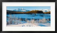 Framed Frozen river with mountain range in the background, Mt Fryatt, Athabaska River, Jasper National Park, Alberta, Canada