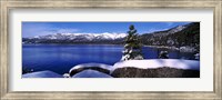 Framed Lake with a snowcapped mountain range in the background, Sand Harbor, Lake Tahoe, California, USA