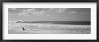 Framed Surfer standing on the beach in black and white, Oahu, Hawaii