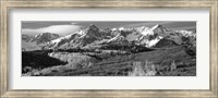 Framed Mountains covered with snow and fall colors, near Telluride, Colorado (black and white)