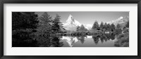 Framed Reflection of trees and mountain in a lake, Matterhorn, Switzerland (black and white)