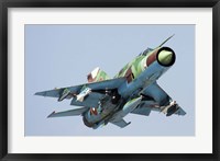 Framed MiG-21bis taking off armed with AA-8 Aphid air-to-air missiles