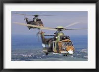 Framed Eurocopter AS532 Cougar helicopters in flight over Bulgaria