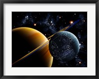 Framed Two artificial moons travelling around a gas giant devouring the natural moons